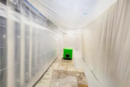 Hallway covered with plastic and a fan